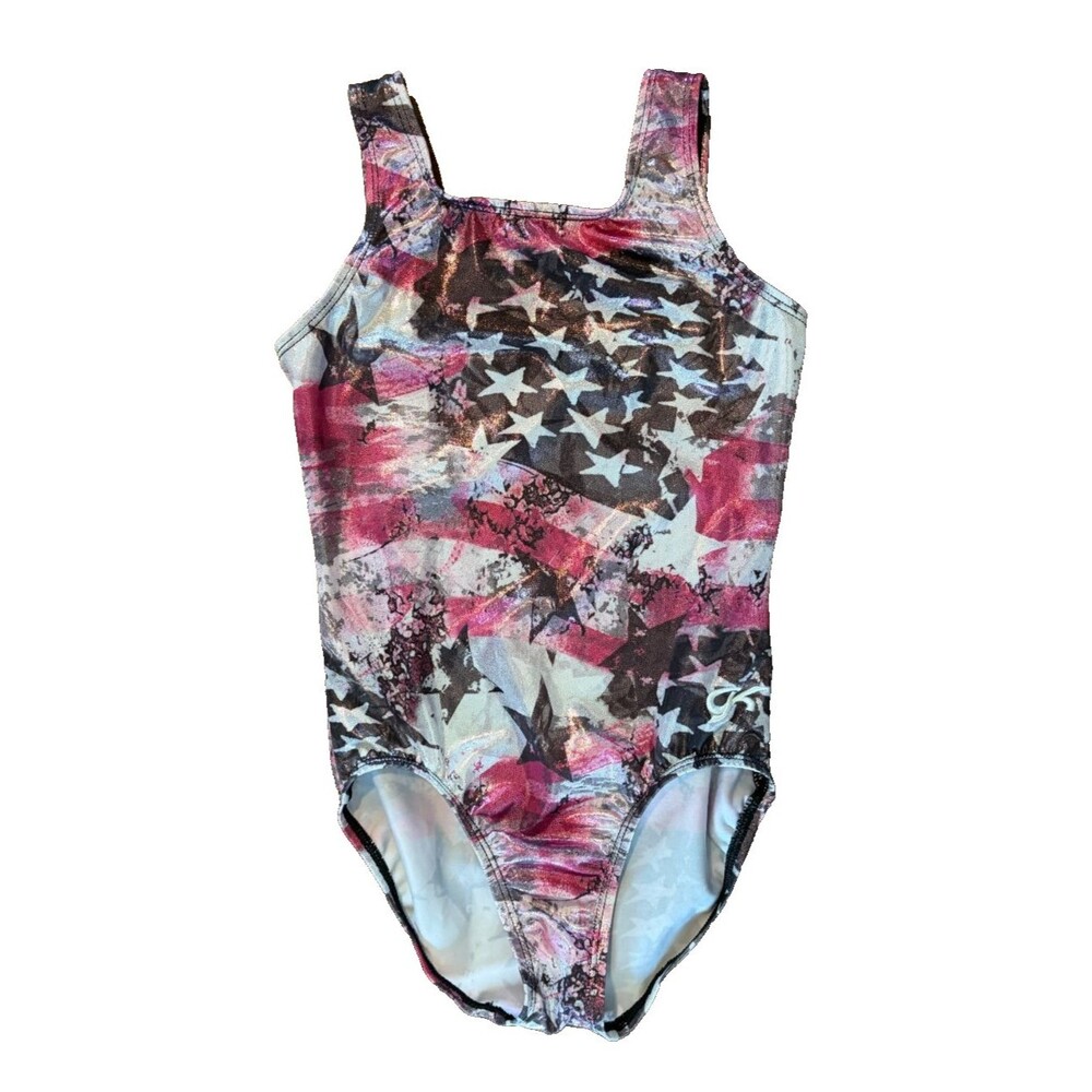 GK Elite LEOTARD Gymnastics Dance PINK Black Shimmer STARS Size Child Large CL